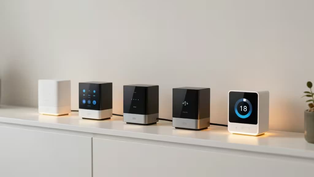 Five sleek smart home hubs with glowing displays line a minimalist white shelf.