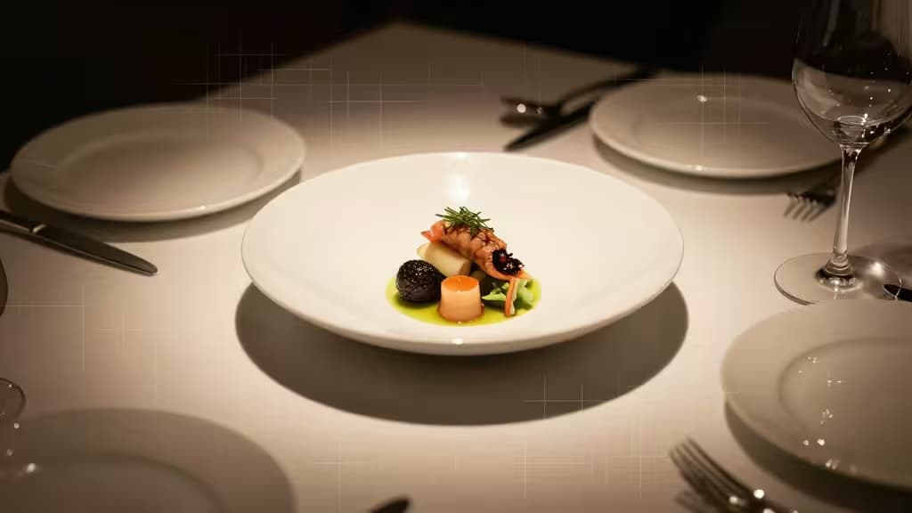 Gourmet seafood dish on white plate, overlaid with subtle digital grid lines, set on crisp tablecloth with wine glass.
