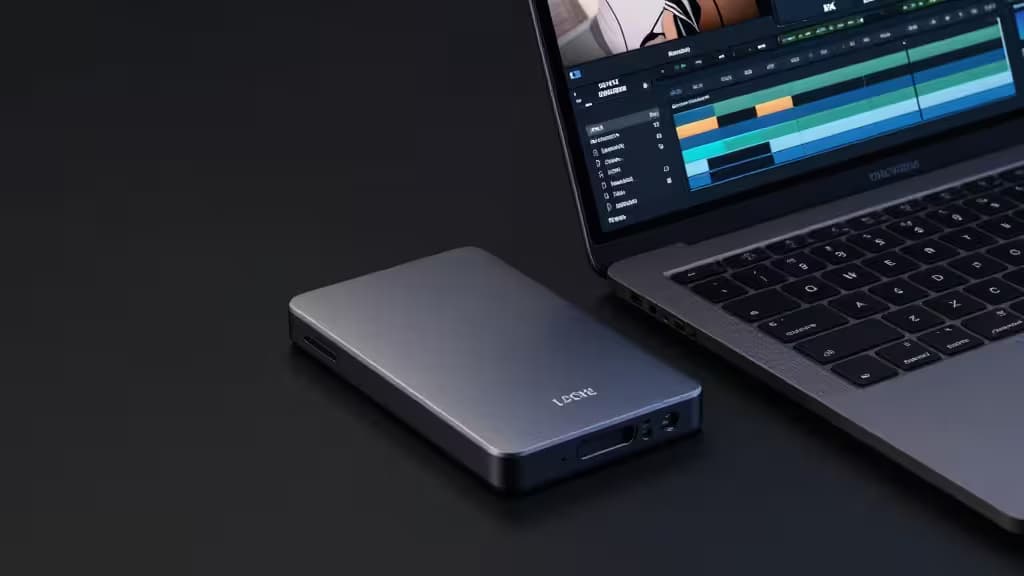 Un SSD portable argenté posé à côté d'un ordinateur portable affichant un logiciel de montage vidéo sur une surface sombre.