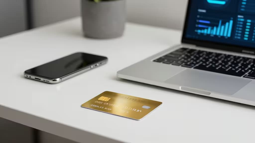 Tarjeta dorada sobre escritorio blanco, junto a laptop y smartphone, simbolizando finanzas digitales para startups.