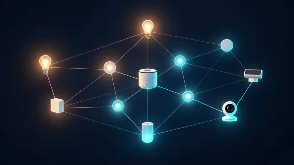 Abstrakcyjna wizualizacja sieci smart home z połączonymi świecącymi węzłami reprezentującymi urządzenia inteligentnego domu, tworzącymi siatkę Matter na ciemnoniebieskim tle