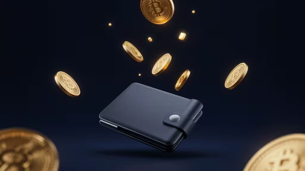 Un hardware wallet noir et élégant flotte au milieu de pièces Bitcoin dorées qui tombent sur un fond bleu foncé, symbolisant le stockage sécurisé d'actifs crypto pour les airdrops 2025.