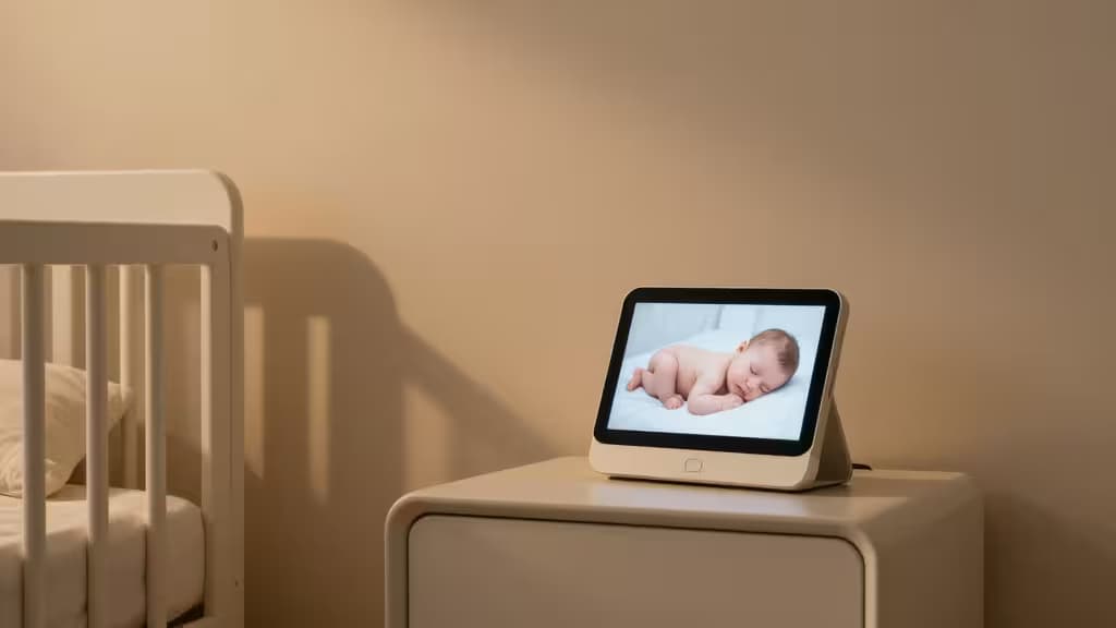 A cozy modern nursery at night with a smart display glowing on a nightstand, soft warm lighting illuminating a crib in the background.
