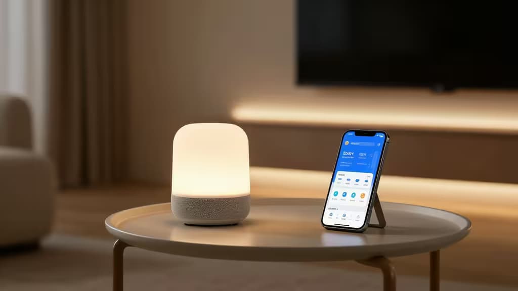 Salón moderno con iluminación inteligente cálida, altavoz inteligente sobre una mesa auxiliar y tiras LED detrás del televisor
