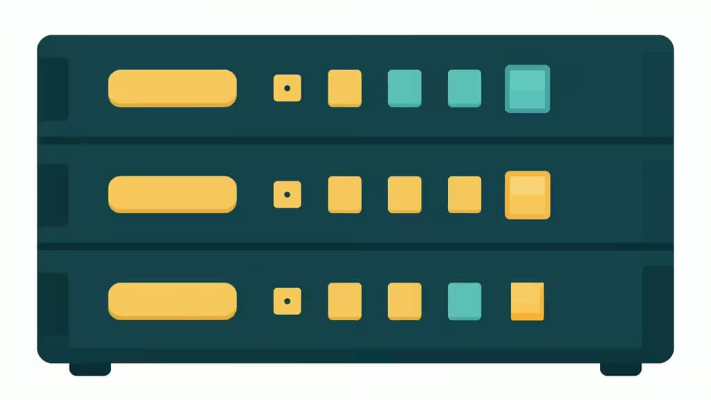 Un estante de servidores estilizado con luces indicadoras amarillas y turquesa representa la infraestructura self-hosted de feature flags open source.
