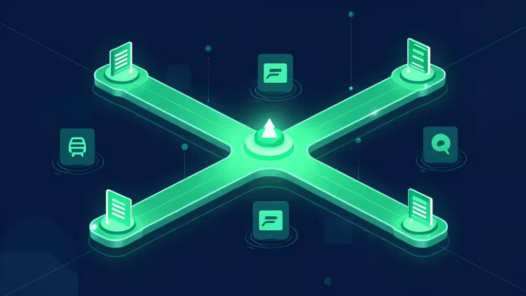 Glowing green isometric payment rails connect document and chat icons around a central node on dark blue background.