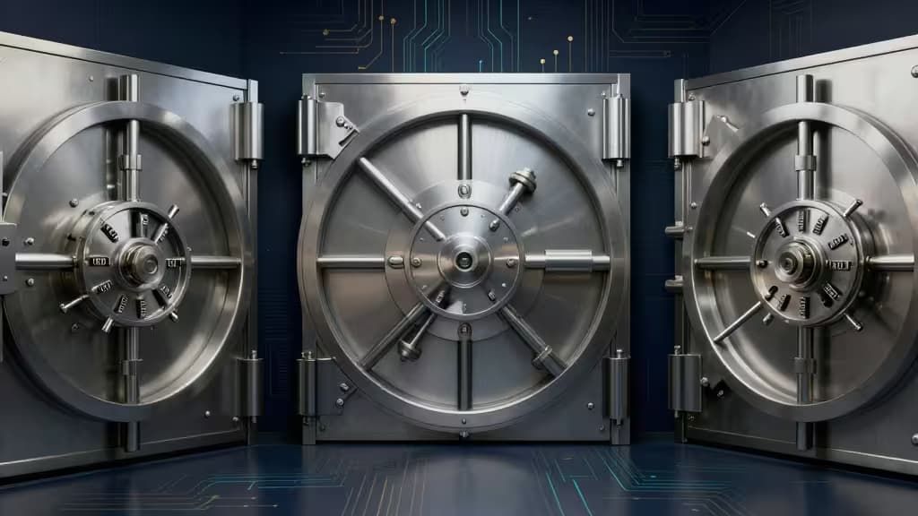 Three gleaming steel vault doors stand open against a dark blue circuit-board wall, symbolizing multi-key institutional crypto security.