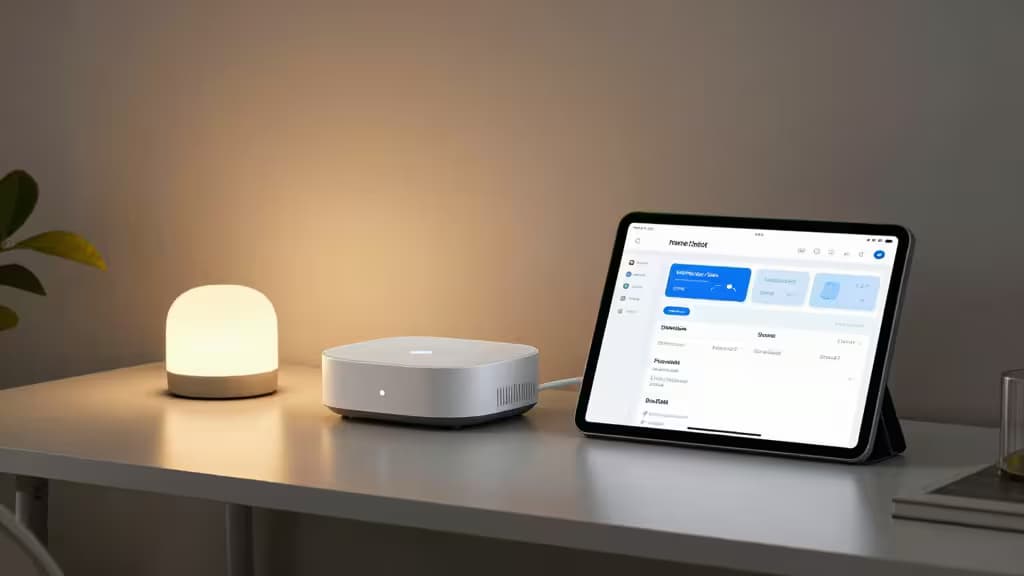 Hub smart home bianco e lampada su scrivania accanto a tablet che mostra l'interfaccia di Home Assistant.