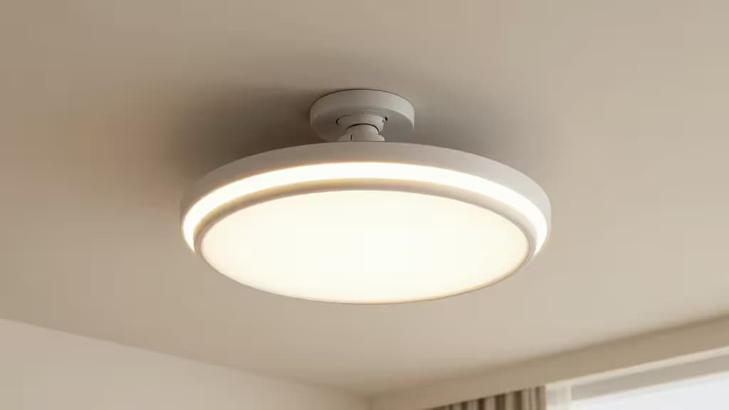 Ventilador de techo inteligente con anillo de luz LED integrado en un salón moderno con iluminación cálida