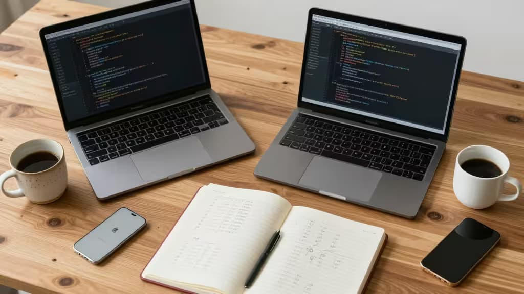Twee laptops met code op het scherm, geflankeerd door koffiekopjes en notitieboeken op een houten bureau.