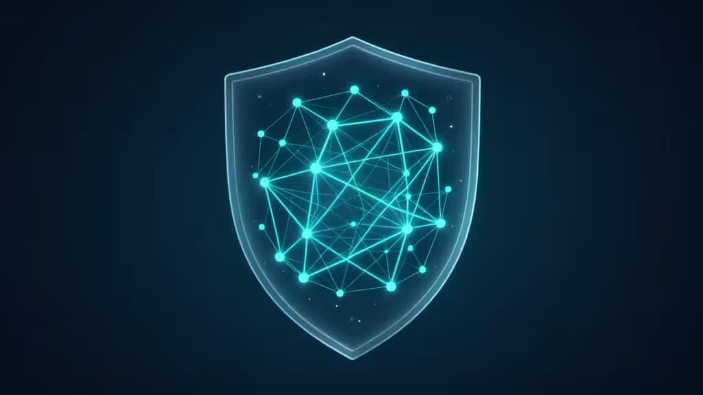 Scudo astratto con rete neurale luminescente su sfondo blu scuro, a rappresentare la privacy nell'intelligenza artificiale