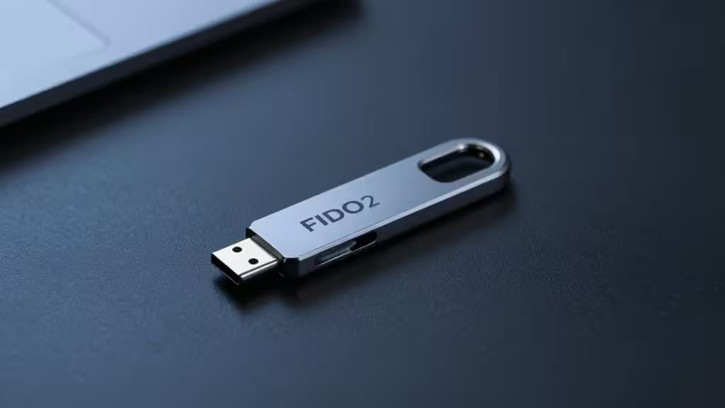 Chiave di sicurezza hardware FIDO2 con connettore USB-C appoggiata su una superficie scura minimalista con illuminazione blu soft, concetto astratto di cybersecurity