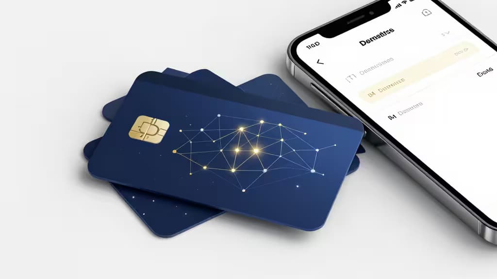 Dark blue crypto cards with gold chip and network design beside smartphone displaying DeFi wallet interface.