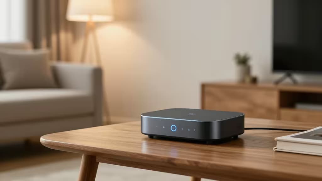 Sleek black smart hub with blue LED sits on wooden coffee table in modern living room.