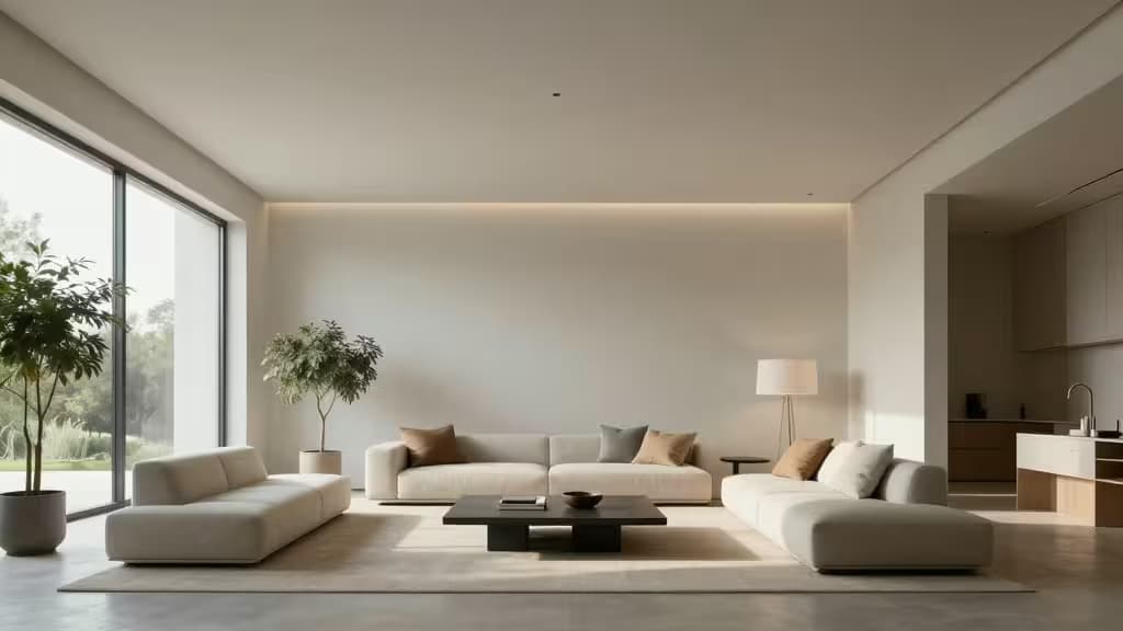Salon minimaliste avec mobilier généré par IA, lumière naturelle et lignes architecturales épurées.