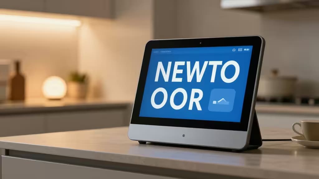 A sleek smart display with bold white captions on a blue screen sits on a light countertop, flanked by glowing spherical bulbs in a modern kitchen.