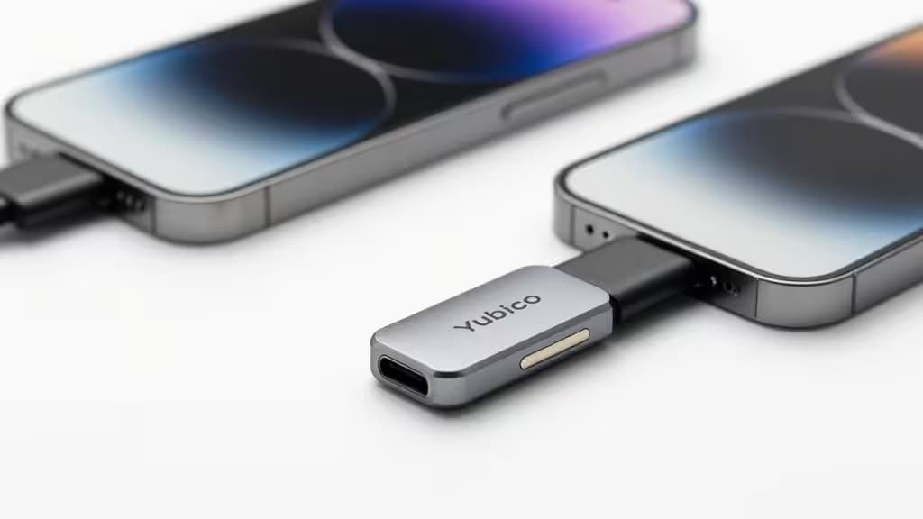 YubiKey verbunden mit einem iPhone via USB-C, modernes Produktfoto mit minimalistischer Ästhetik