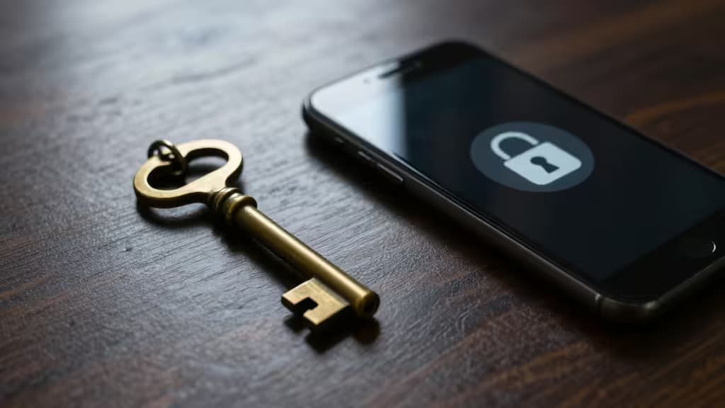 A brass key rests beside a smartphone displaying a digital lock icon on wood.