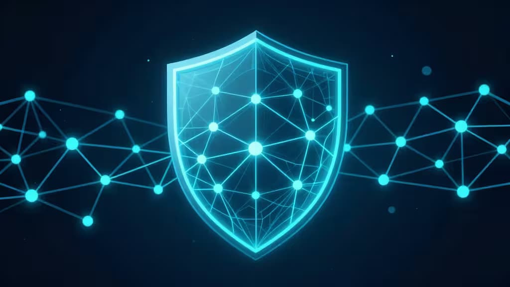 A glowing blue digital shield protects a network of interconnected nodes, symbolizing quantum-safe VPN security.