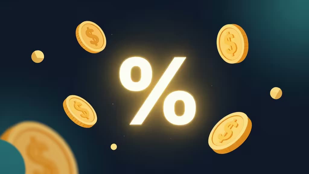 Glühendes Prozentzeichen umgeben von schwebenden goldenen Dollar-Münzen auf dunklem Gradient-Hintergrund.