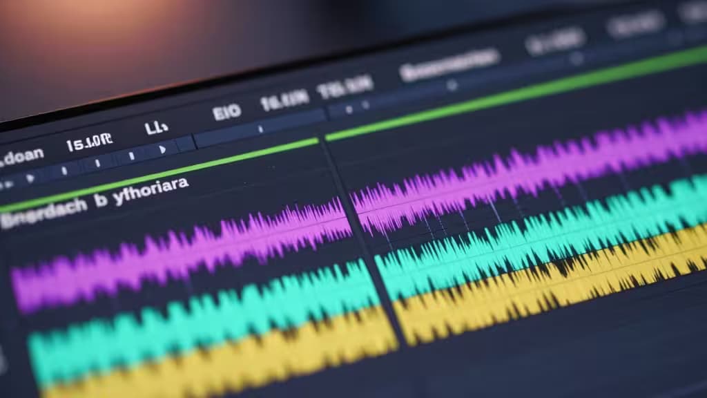 Close-up of colorful audio waveforms on a video editing software interface, representing AI captioning tools.