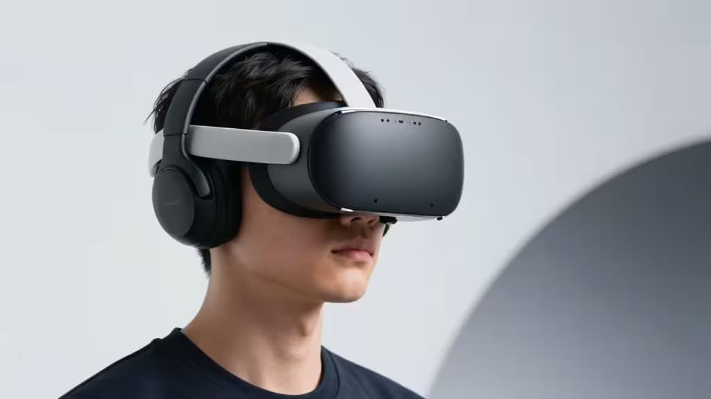 Un jeune homme porte un casque Meta Quest 3 noir avec un casque audio supra-auriculaire, sur fond gris minimaliste.