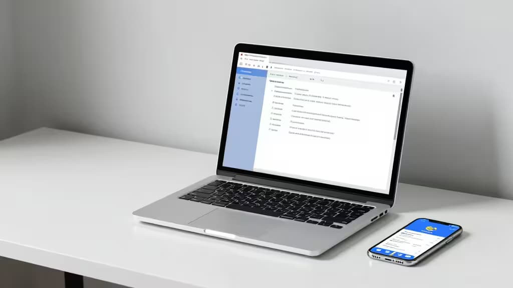 Silver laptop and smartphone display database GUI interfaces on a minimalist white desk.