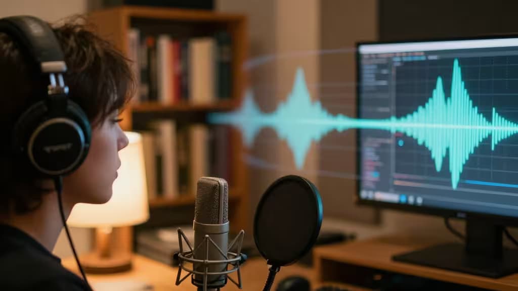 Persona con auriculares frente a un micrófono en un estudio casero con luz cálida y libros al fondo, junto a formas de onda digitales