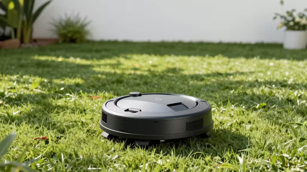 Sleek black robot lawnmower rests on vibrant green grass, ready for autonomous yard care.