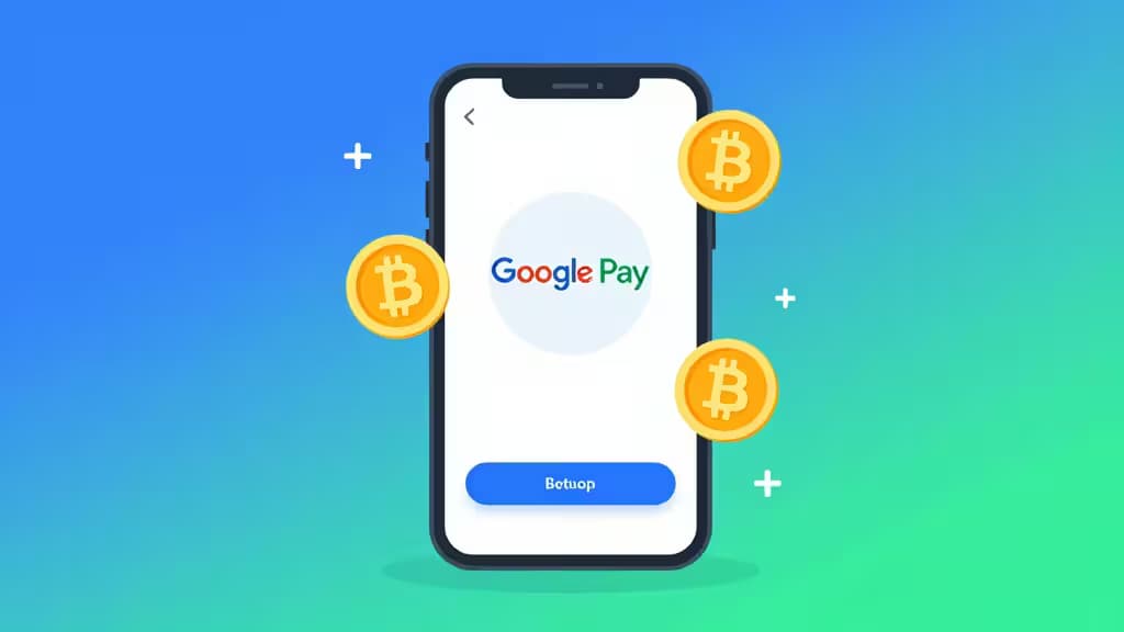 Un smartphone muestra Google Pay con tres monedas Bitcoin flotando a su alrededor, sobre un fondo de degradado azul a verde.