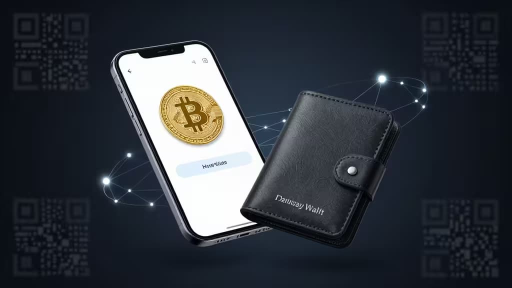 Abstract editorial illustration of crypto hardware and software wallets connected to blockchain networks over a dark gradient background