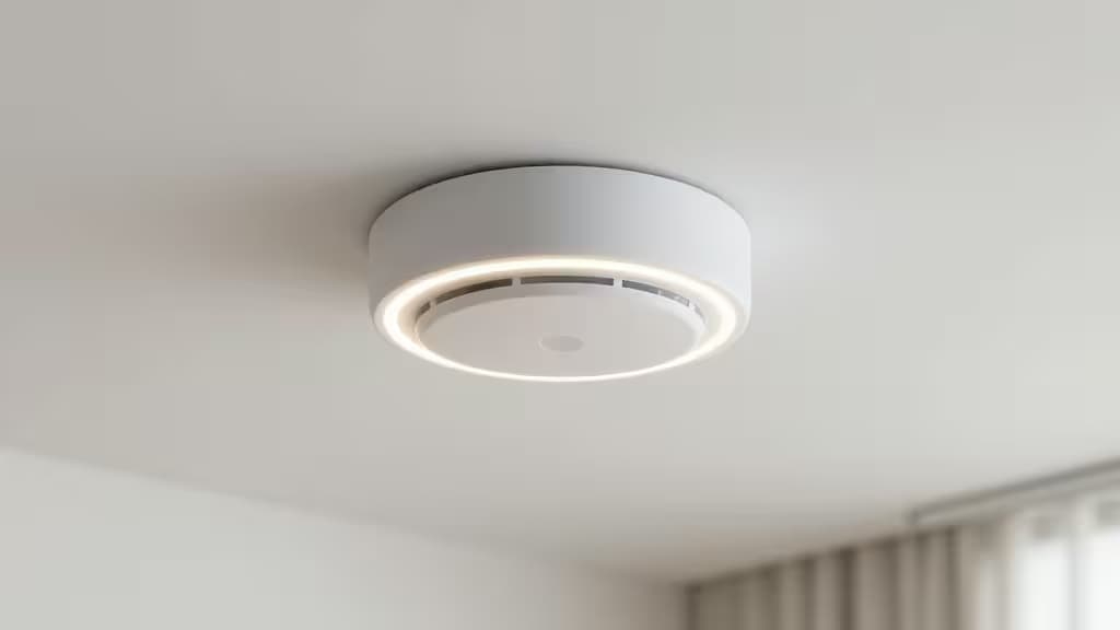 Rilevatore di fumo smart circolare bianco con anello LED luminoso montato al centro di un soffitto bianco.