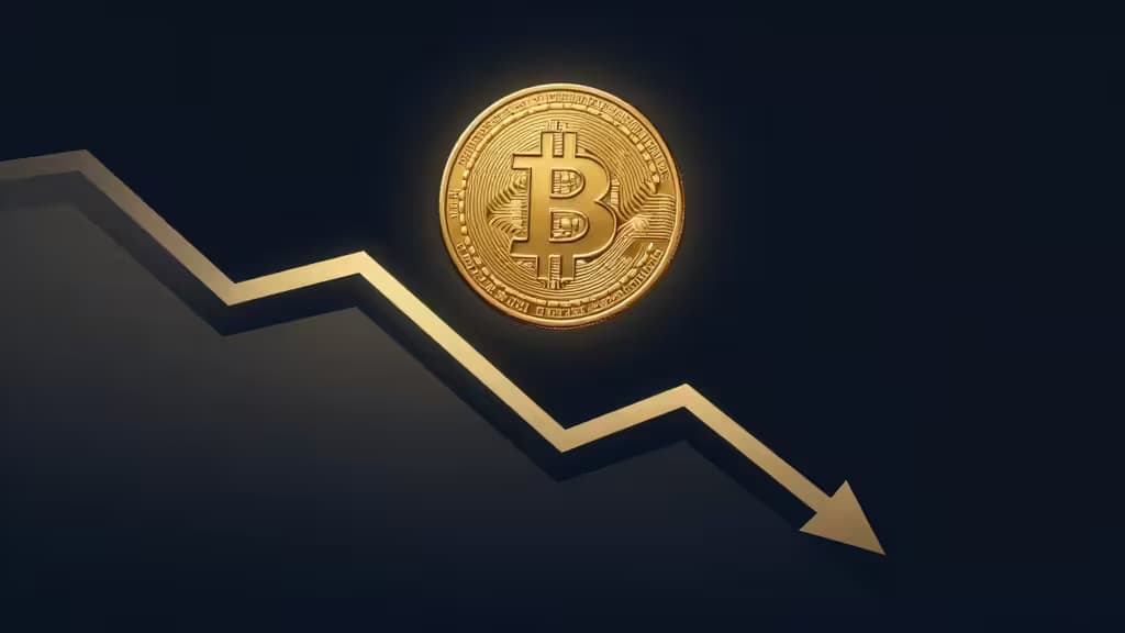 Golden Bitcoin coin hovers above a descending gold arrow graph on dark blue background, symbolizing low-cost crypto purchases.