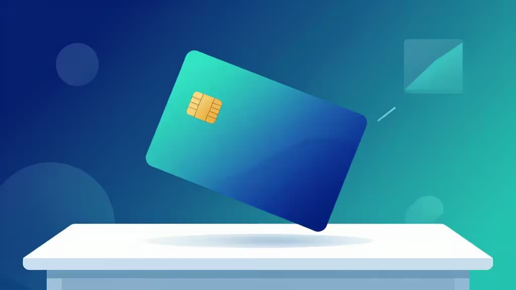 A sleek blue credit card floats above a white table against a gradient background, symbolizing financial growth for startups.
