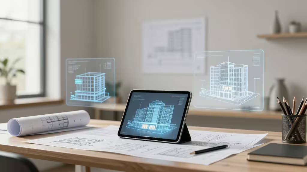 Une tablette affiche un modèle 3D de bâtiment, entourée de plans holographiques sur un bureau en bois.