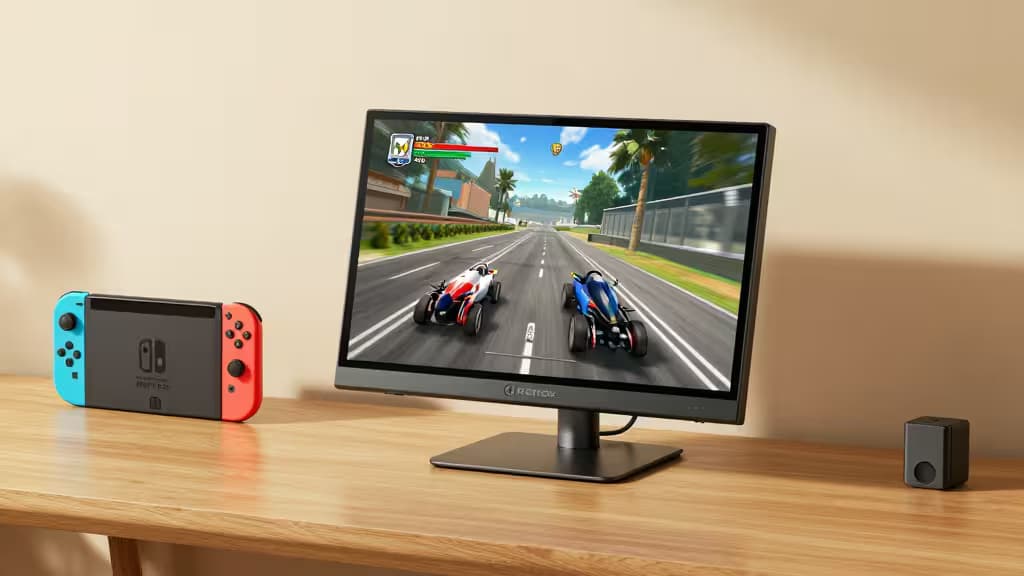 A sleek portable monitor displays racing gameplay beside a Nintendo Switch dock on a wooden desk.