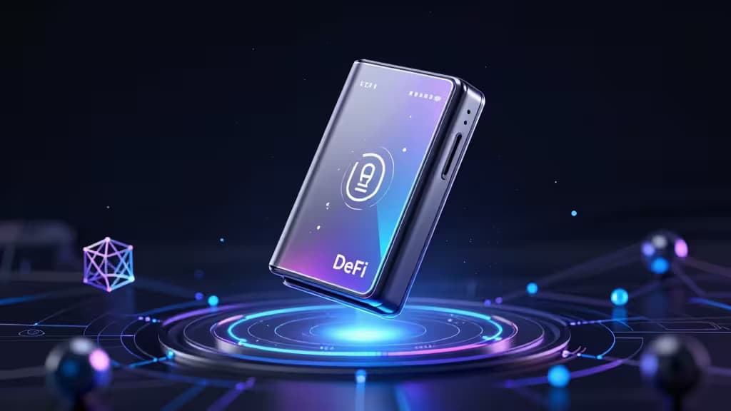 Carteira hardware metálica flutuando sobre uma interface DeFi brilhante, simbolizando segurança em gestão de criptomoedas.