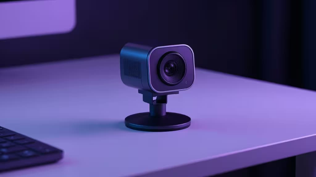 Une webcam métallique élégante avec un objectif proéminent posée au centre d'un bureau blanc, éclairée par une lumière ambiante violette, avec un clavier partiellement visible au premier plan.