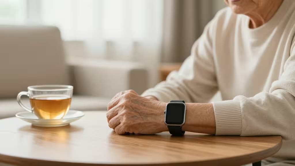 Senior's hands rest on wooden table beside tea cup, wearing black smartwatch.