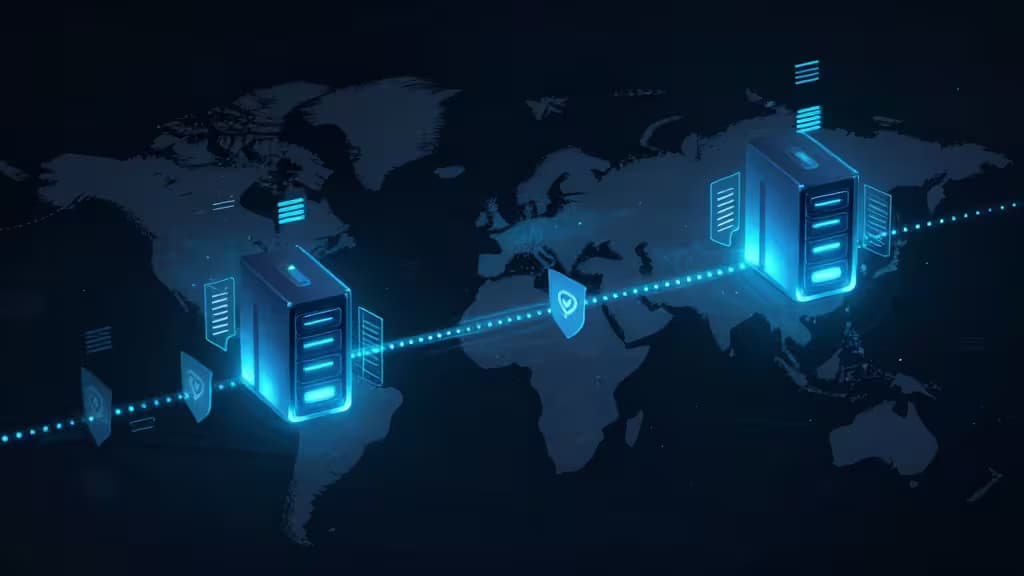 Glowing blue server nodes link via dotted encrypted tunnels across a dark world map, symbolizing multi-hop VPN routing through global jurisdictions.