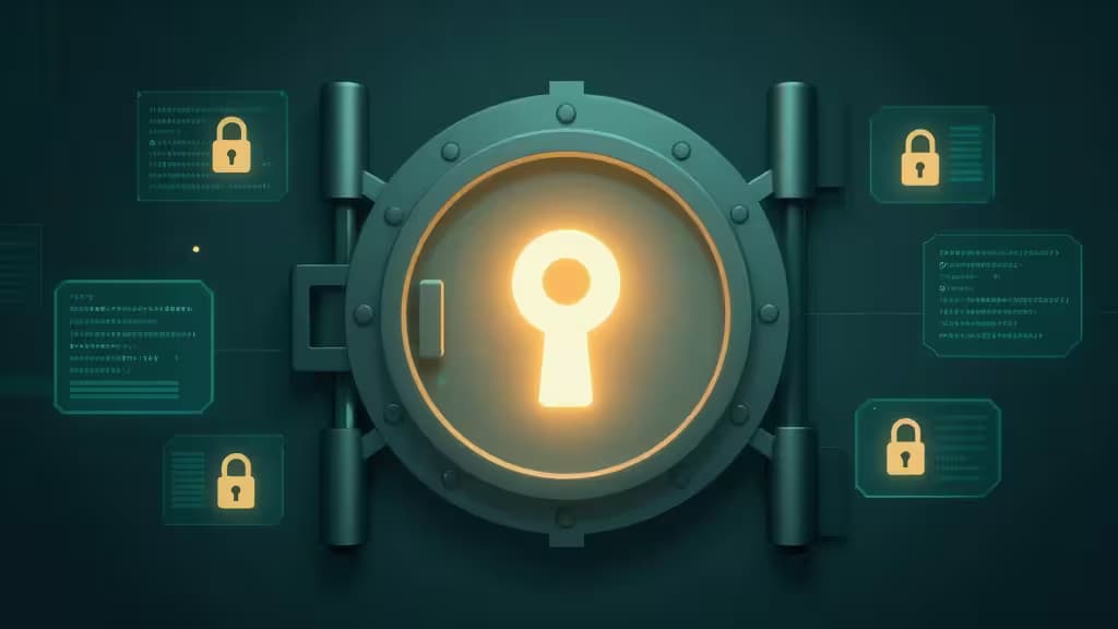 Abstracte illustratie van een beveiligde kluisdeur met gloeiend sleutelgat, omgeven door zwevende versleutelde code-elementen en slot-iconen in donkerblauwe en amber tinten