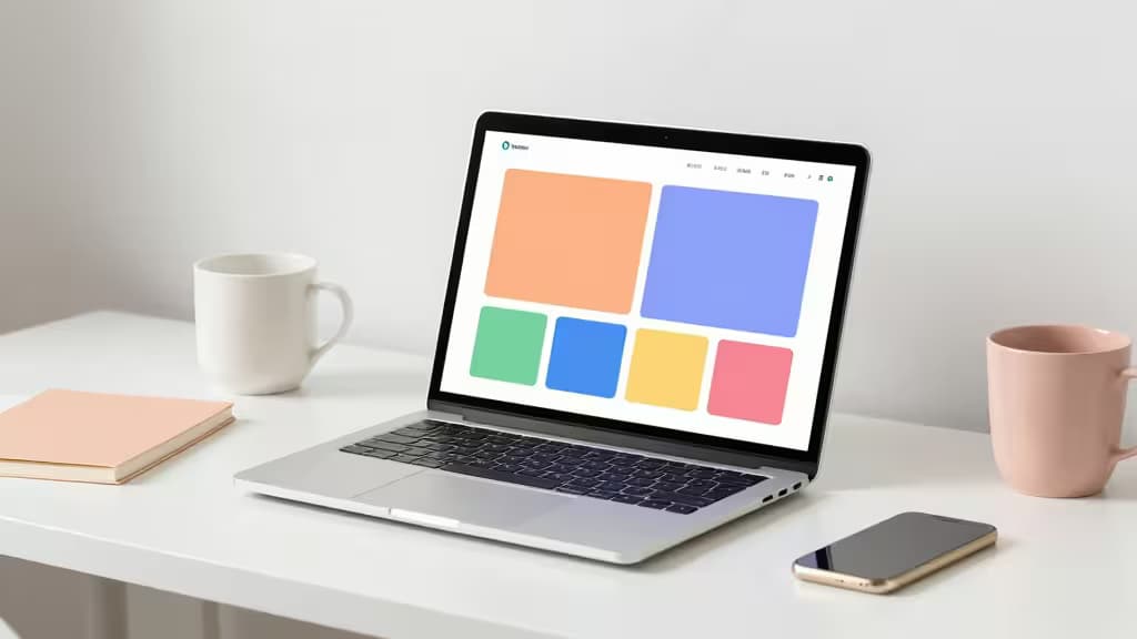Portátil plateado muestra bloques de colores de un portfolio en un escritorio blanco minimalista con tazas y libreta.