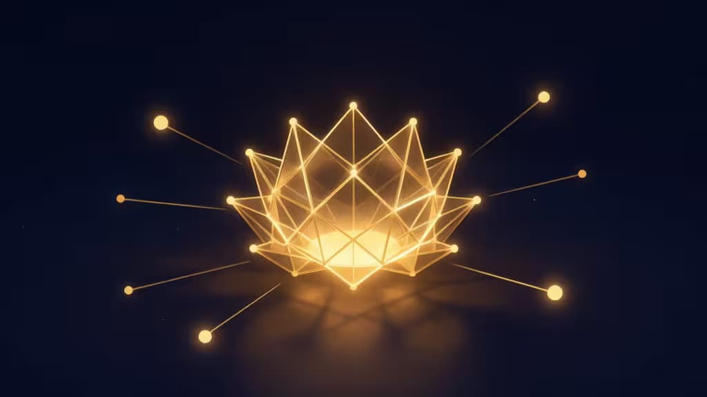 Struttura geometrica luminosa color ambra e indigo con nodi interconnessi che rappresentano astrattamente lo staking su Solana
