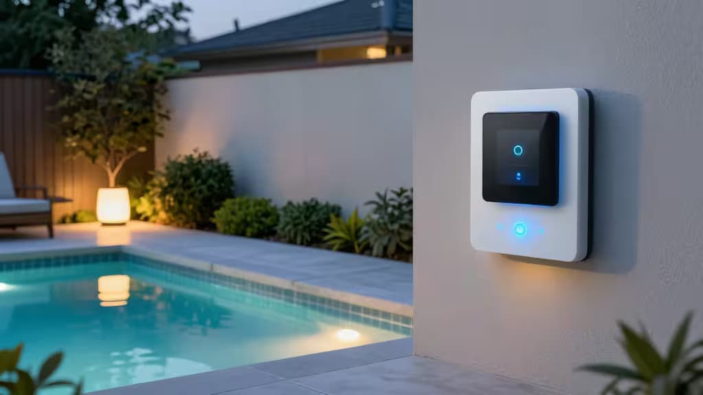 A backyard pool at dusk with smart landscape lighting glowing around the pool deck and a smart sprinkler controller mounted on a nearby wall.