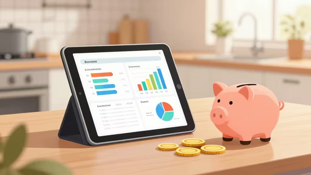 Warm gestaltete Familienküche mit Tablet, farbigen Budgetdiagrammen, Sparschwein und Münzen — moderne redaktionelle Illustration.