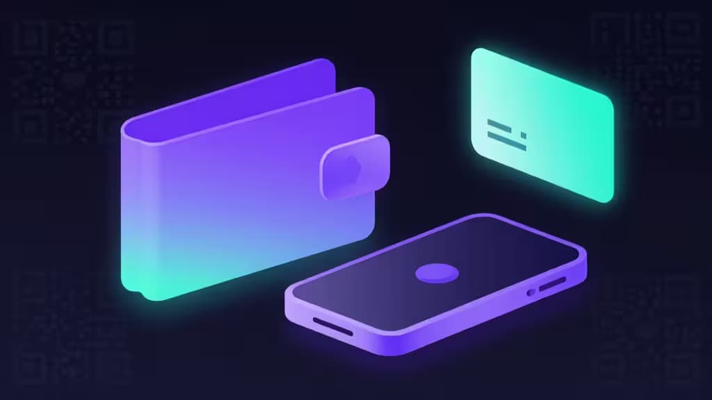 Abstract illustration of a Solana blockchain wallet ecosystem with glowing geometric shapes, hardware device silhouettes, and QR code patterns in purple and teal gradients on a dark background.