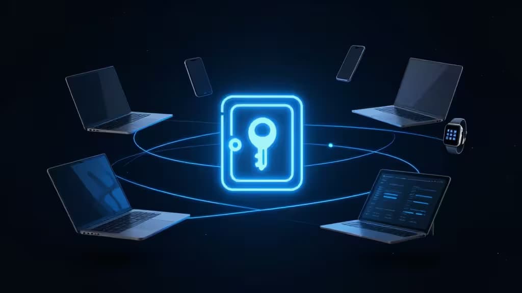 Glowing blue key icon orbits laptops, phones, and watch against dark background.