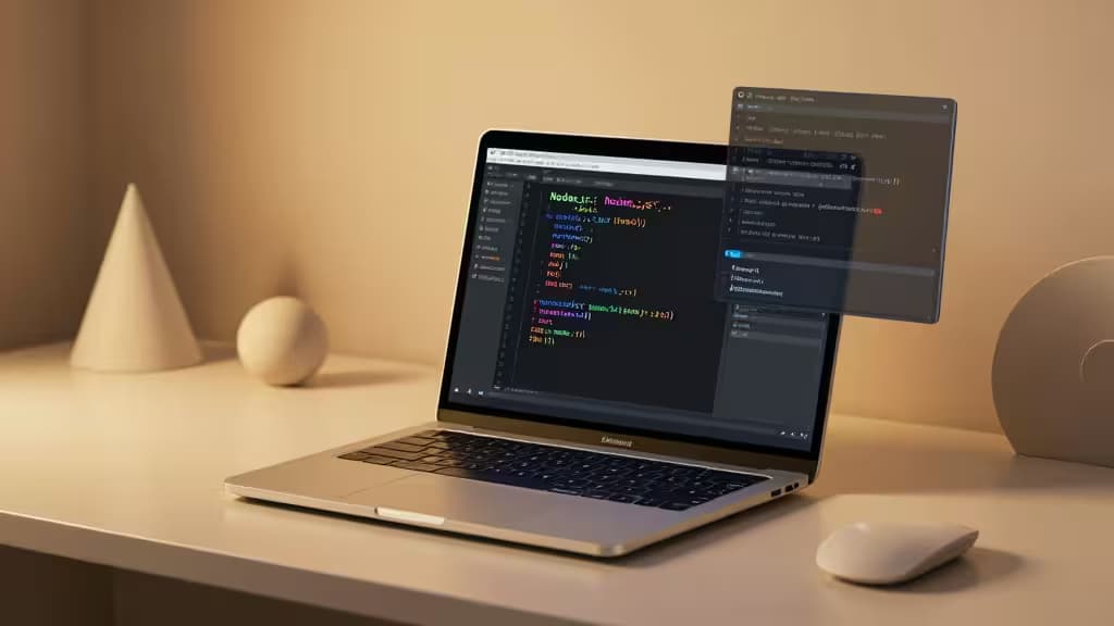 Um laptop elegante exibe código Node.js com uma janela de depuração flutuante, sobre uma mesa minimalista com decoração geométrica.