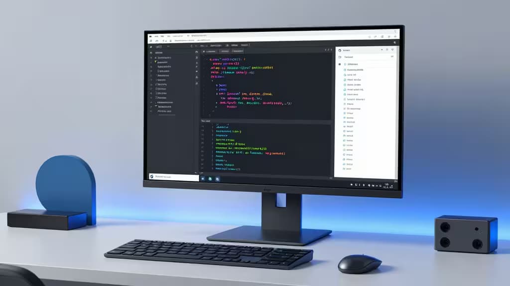 Modern developer workspace with code editor, keyboard, mouse, and ambient lighting on sleek desk.