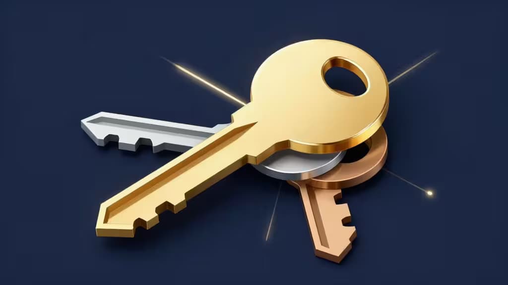 Golden, silver, and bronze keys interlock on a dark blue background with glowing accents.